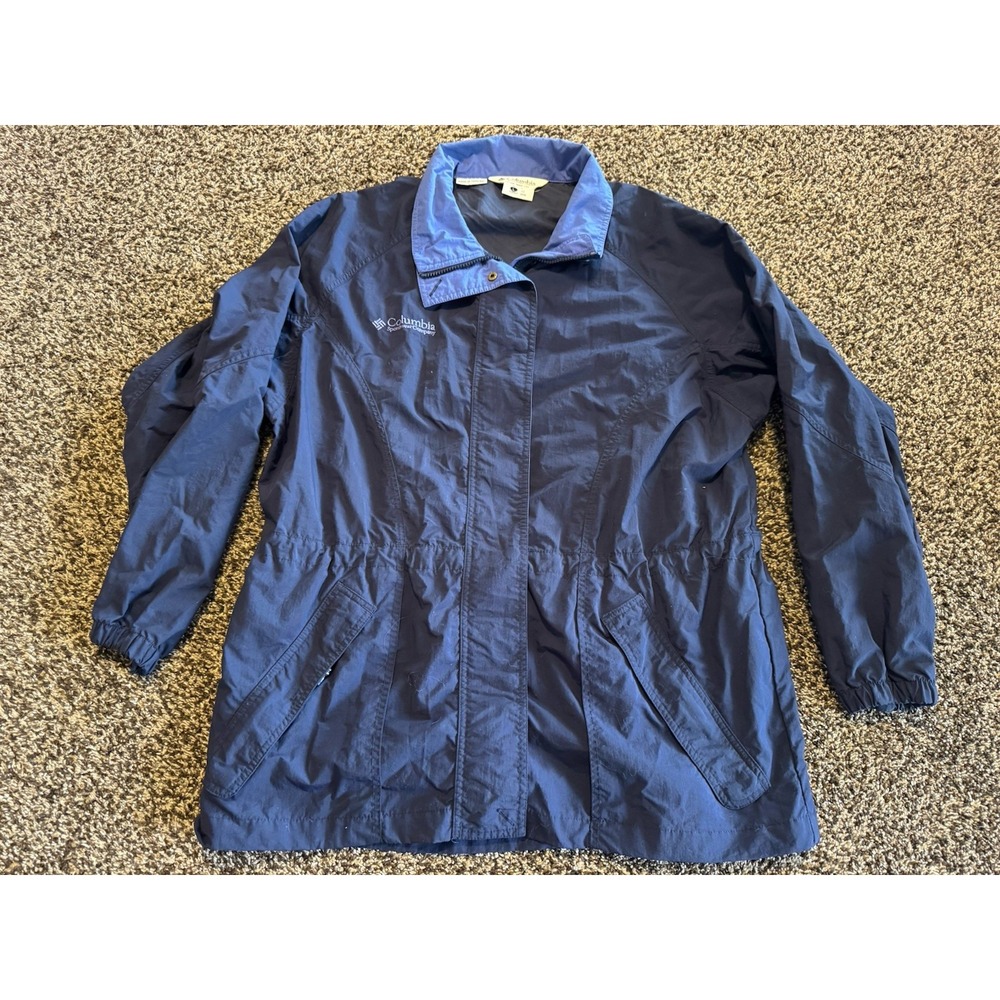VTG 90s Columbia Long Rain Jacket Womens L Navy Blue Cinch Waist Windbreaker